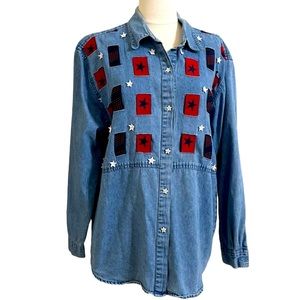VINTAGE 90s TANTRUM BLUES Womens Denim Ribbon Woven Shirt Size Medium